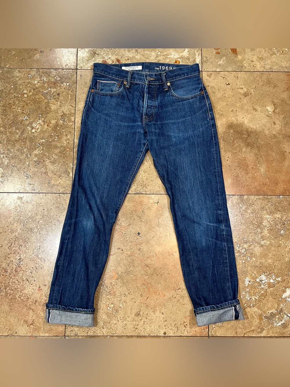 Gap Mens 1969 Japanese Raw Selvedge Denim Dark Wash Skinny Jeans ButtonFly 30X30